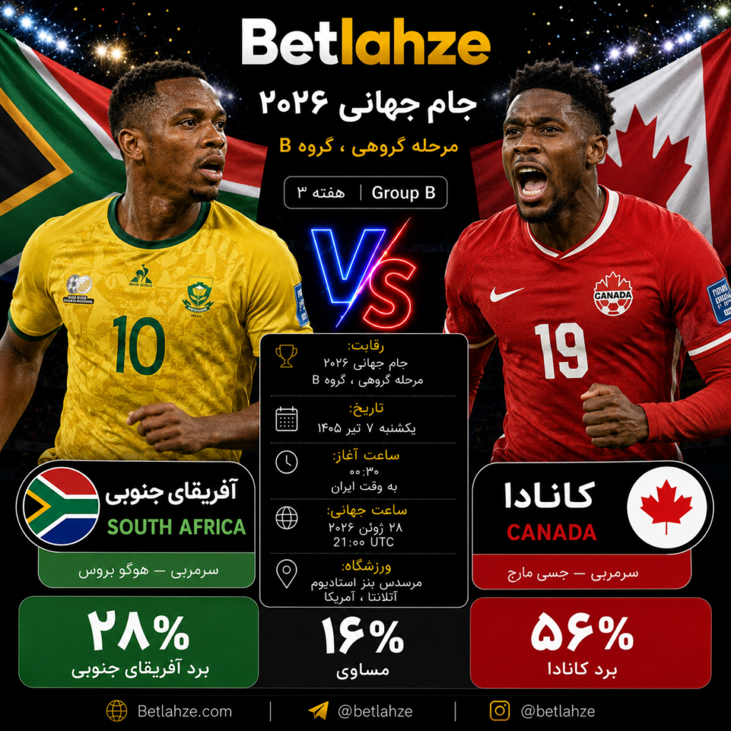 فوتبال آفریقای جنوبی مقابل کانادا؛ ترکیب، جایگاه و پیش‌بینی بازی ۷ تیر ۱۴۰۵